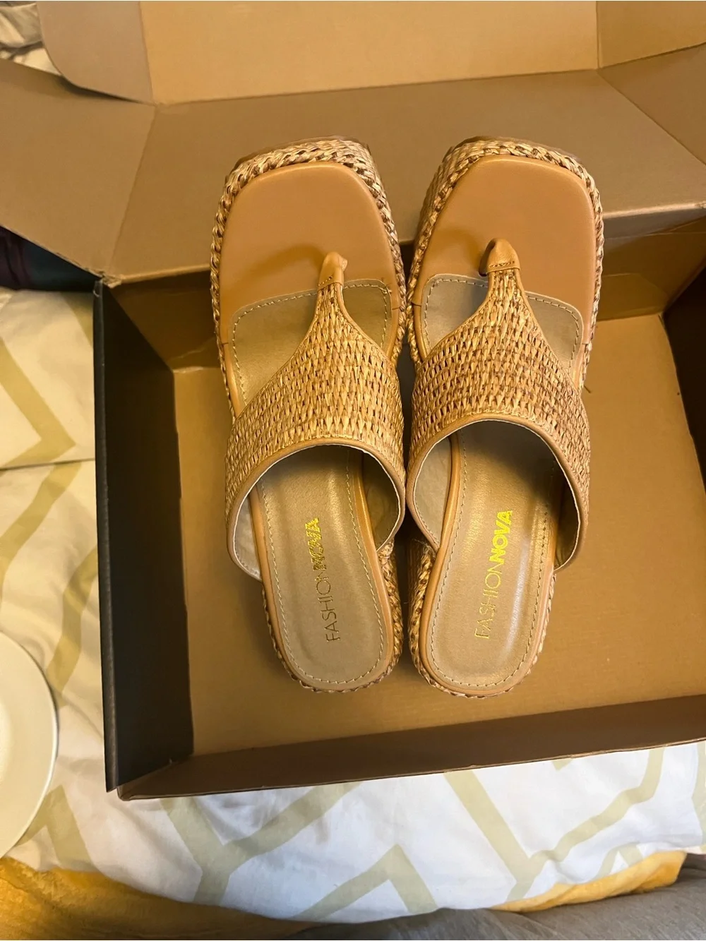 Woven Straw Platform Wedge Sandals - Tan